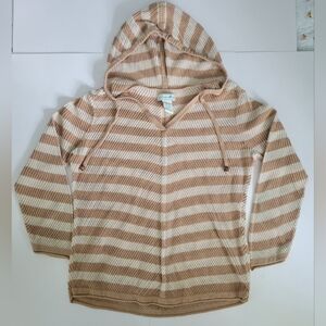 🌸3/$15Caribbean Joe Beige Tan Striped Crochet Loose Knit Hooded Layering Top